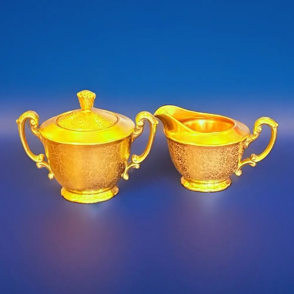 Vintage Pickard Set Gold Encrusted Floral Creamer Sugar Salt and Pepper 5 piece
